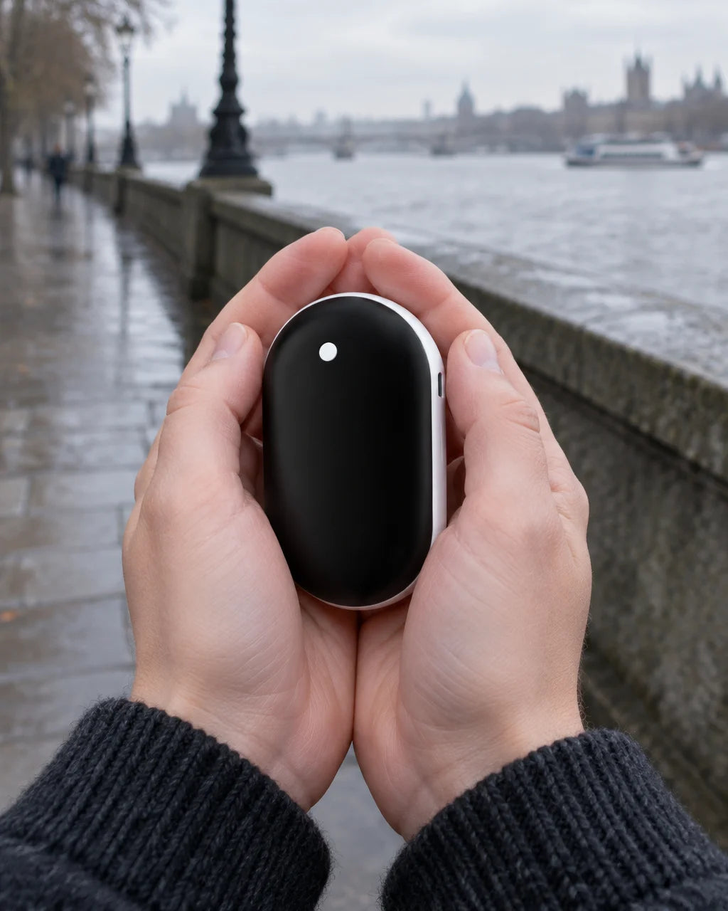 A photograph of the Warm Hand hand warmer, a small rounded black oval with a smooth face, a white ed