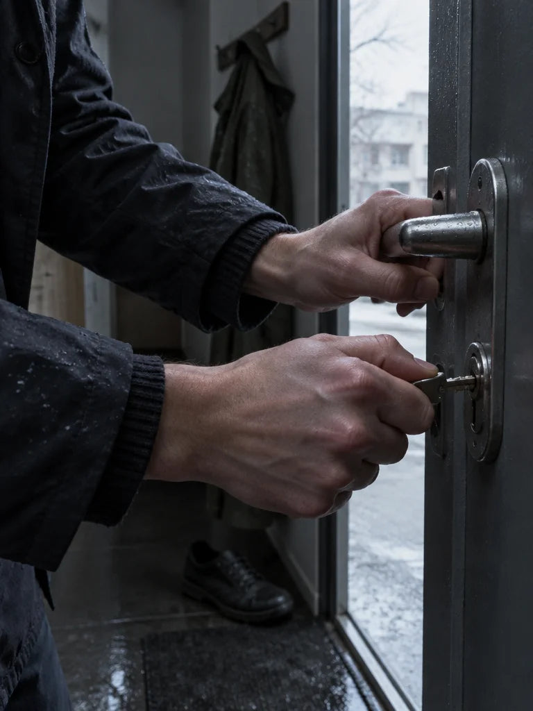 A close photograph of bare hands struggling to turn a small key in the lock of an apartment door on