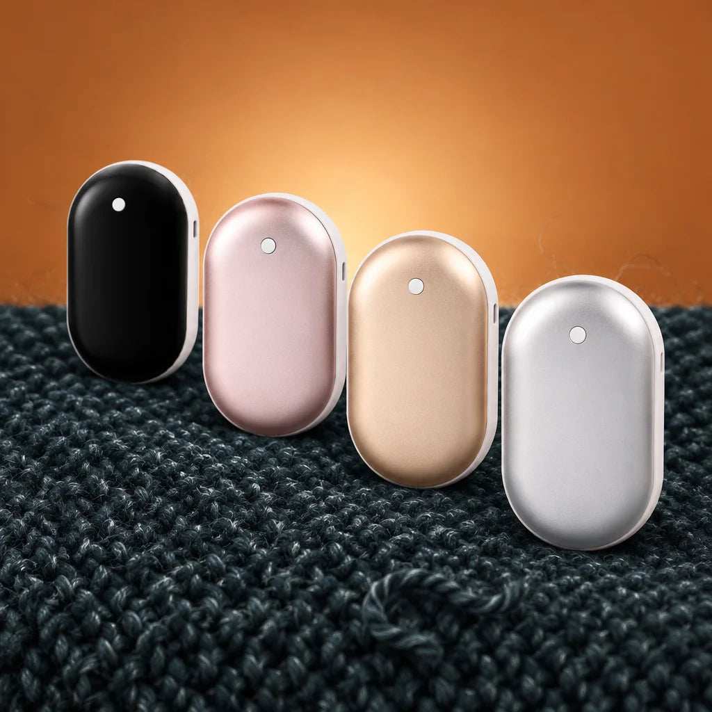 A photograph of four Warm Hand hand warmers, each the same small rounded oval with a smooth face, wh