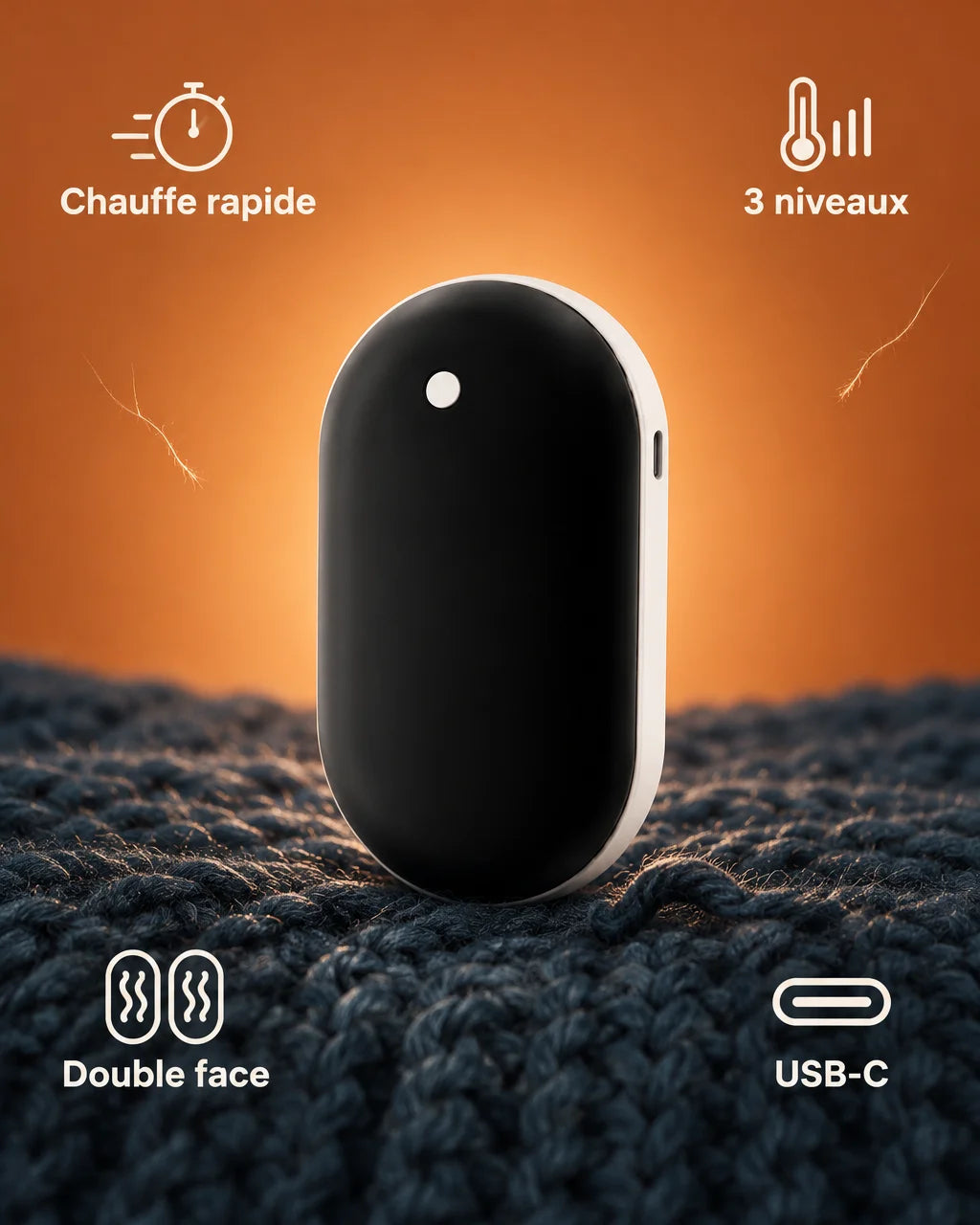 A photograph of the Warm Hand hand warmer, a small rounded black oval with a smooth face, white edge