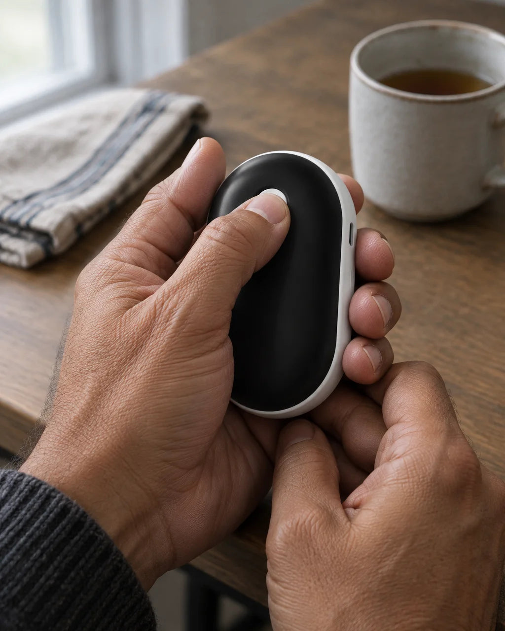 A close photograph of the Warm Hand hand warmer, a small rounded black oval with a smooth face, whit
